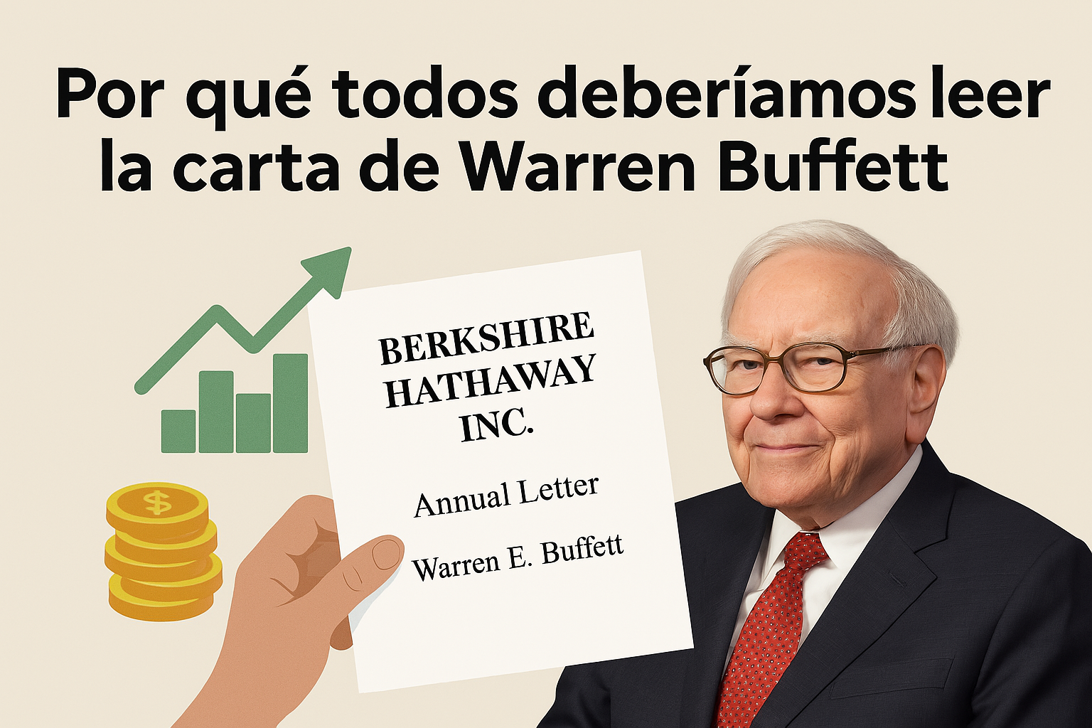 Por qué todos deberíamos leer la carta de Warren Buffett”. La imagen muestra una foto de Warren Buffett, una carta escrita en papel sobre una mesa y símbolos relacionados con inversiones, como gráficos y billetes, sobre un fondo beige. El diseño comunica sabiduría financiera y visión a largo plazo.